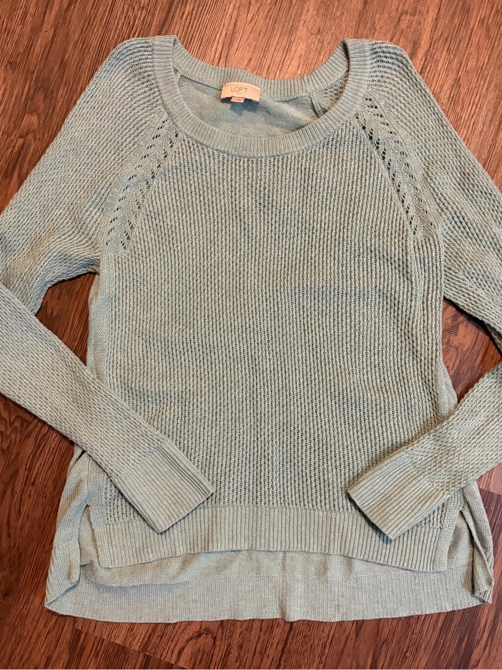 LOFT Blue Grey Pointelle Knit Sweater S Textured Lightweight Pullover